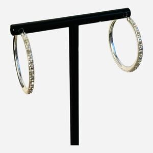 Sparkly Clear Pave Rhinestones Silver Tone Hoop Earrings